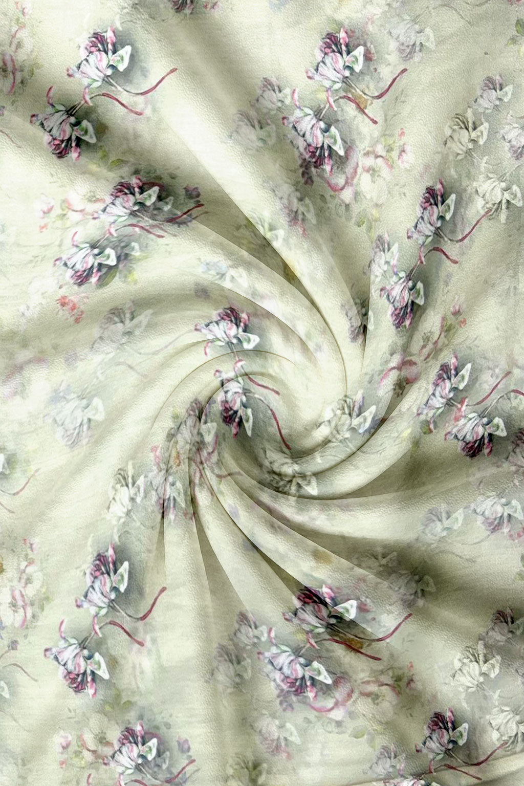 Floral patterned mukhawar fabric with a swirl design on a light background